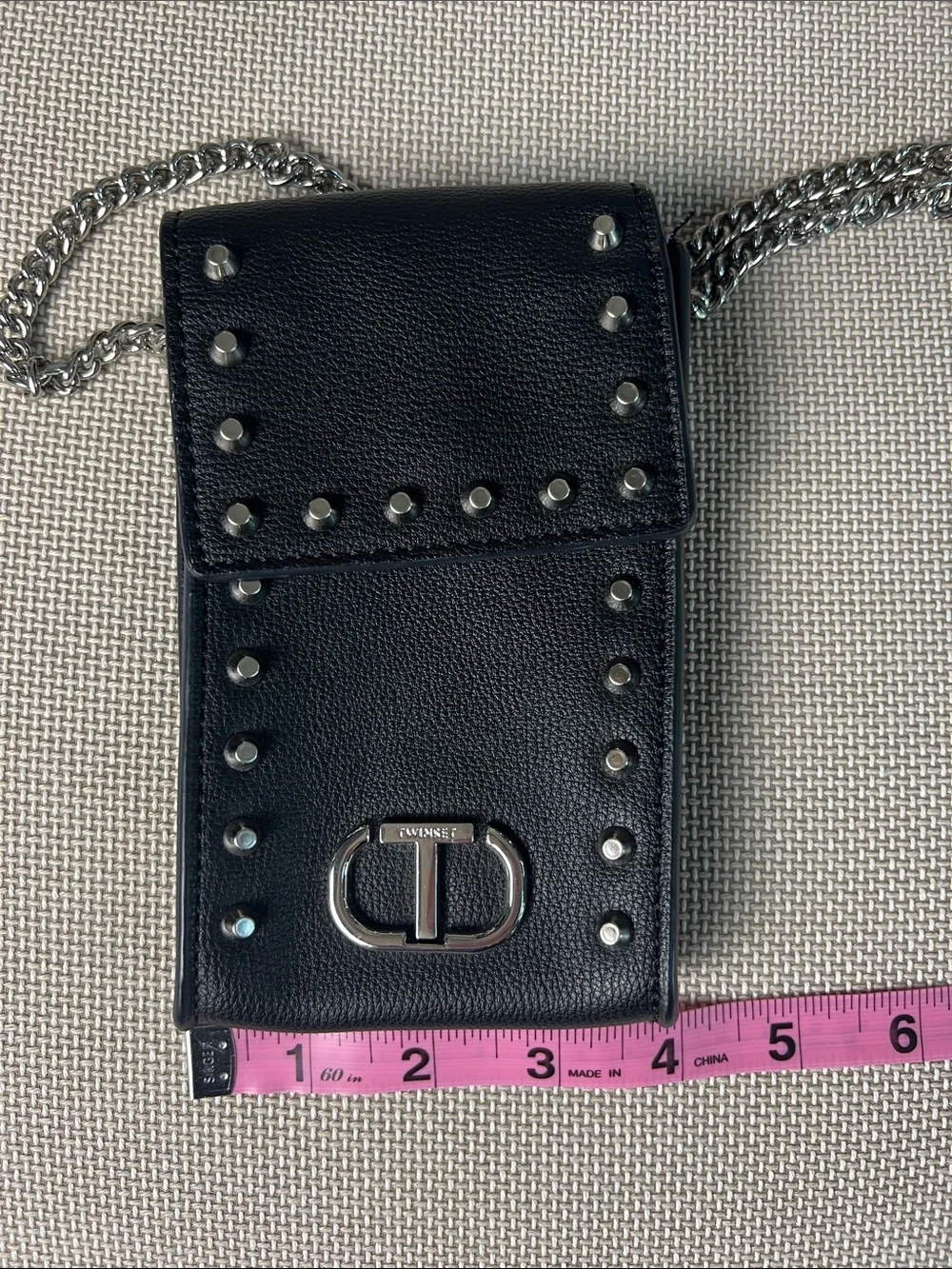 Twin-Set Black Leather Studded Crossbody Phone Case with Silver Chain